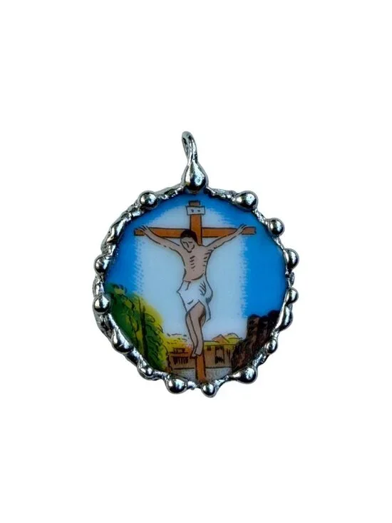 Broken China Crucifix Pendant - Silver Blend Cabochon Necklace | Alma Antigua - Picture 9 of 10